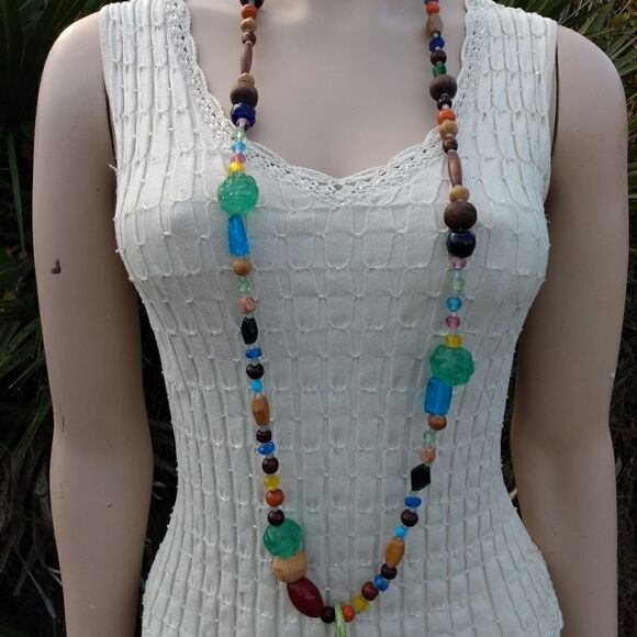 HANDMADE X-Long Multicolored Glass & Wood Beaded Necklace with Moving Ring - Picture 6 of 7